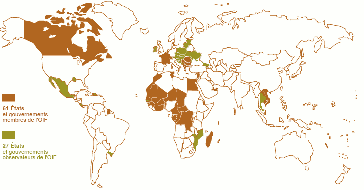 carte des Etats membres de l'OIF et des etats observateurs