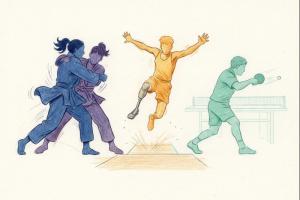 Illustration sportive mettant en scène des athlètes francophones en judo, para-athlétisme et tennis de table, symbolisant l’accompagnement et le soutien du CIJF pour la progression vers le haut niveau international.