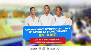 Affiche promotionnelle du Championnat international des jeunes de la Francophonie en judo, organisé les 5 et 6 décembre 2025 à Kinshasa par la CIUSF, le CIJF et la Fédération congolaise de judo, mettant en avant de jeunes judokas francophones.