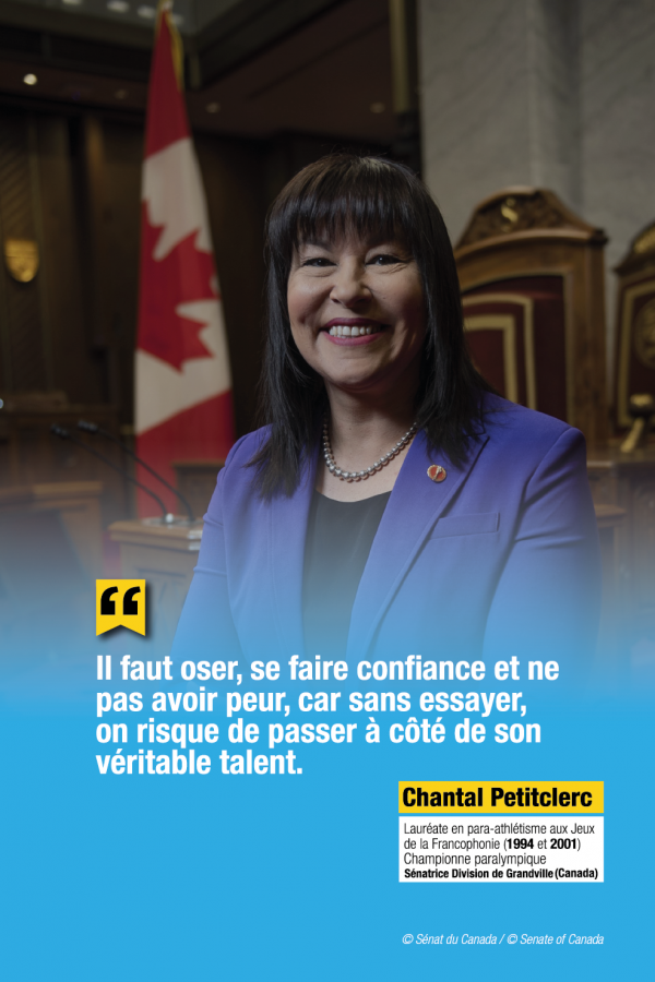Chantal Petitclerc souligne, dans une citation inspirante, le rôle essentiel des Jeux de la Francophonie pour promouvoir le sport inclusif, les athlètes francophones et la diversité culturelle à l'échelle internationale.