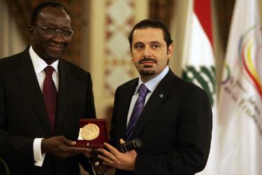 Ousmane Paye et Saad Hariri, le Premier Ministre du Liban reçoit la médaille Senghor