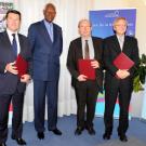 De gauche à droite : M. Estrosi, Maire de Nice, M. Diouf, Secrétaire général de la Francophonie, M. Hamaite, Président du CIJF, M. Duhaime, Administrateur de l’OIF