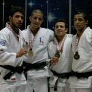 Jeux de la Francophonie Liban 2009 : Judo, podium des -60 KgOr: Sofian Milous (Fra), Argent : Alae Idrissi (Mar), bronze : Fradj Dhoubi (Tun)  et Will Frazer (Can)&copy; CIJF/ Jean-Yves Ruszniewski