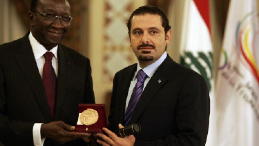 Ousmane Paye et Saad Hariri, le Premier Ministre du Liban reçoit la médaille Senghor