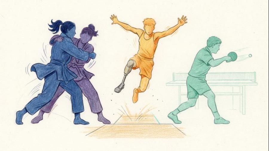 Illustration sportive mettant en scène des athlètes francophones en judo, para-athlétisme et tennis de table, symbolisant l’accompagnement et le soutien du CIJF pour la progression vers le haut niveau international.