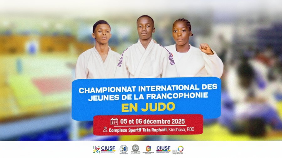 Affiche promotionnelle du Championnat international des jeunes de la Francophonie en judo, organisé les 5 et 6 décembre 2025 à Kinshasa par la CIUSF, le CIJF et la Fédération congolaise de judo, mettant en avant de jeunes judokas francophones.