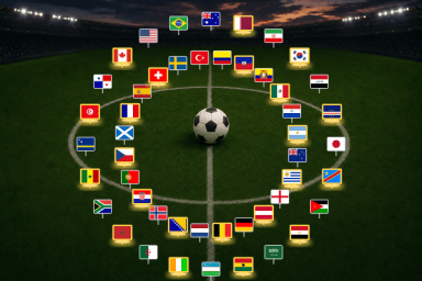 Ballon au centre d’un terrain entouré des drapeaux des 48 sélections du Mondial 2026, dont 22 surlignés en doré.