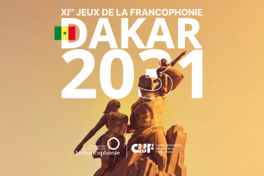Le Monument de la Renaissance africaine sur fond doré, accompagné du drapeau sénégalais et des logos de l’OIF et du CIJF.