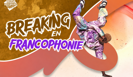Visuel Breaking en Francophonie : un danseur de breaking sur un fond graphique orange et brun.