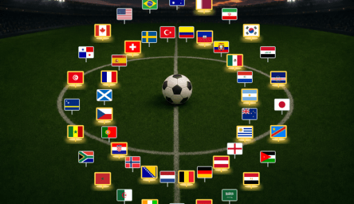 Ballon au centre d’un terrain entouré des drapeaux des 48 sélections du Mondial 2026, dont 22 surlignés en doré.